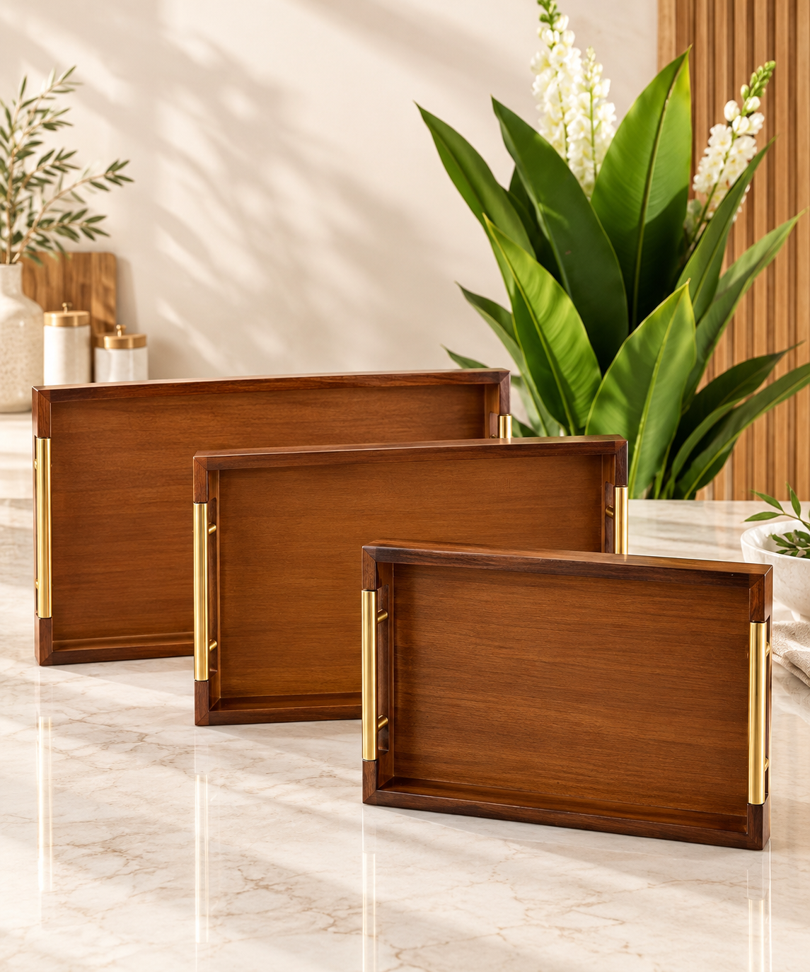 Série de 3 Plateaux Rectangulaires en Bois avec Poignées Dorées