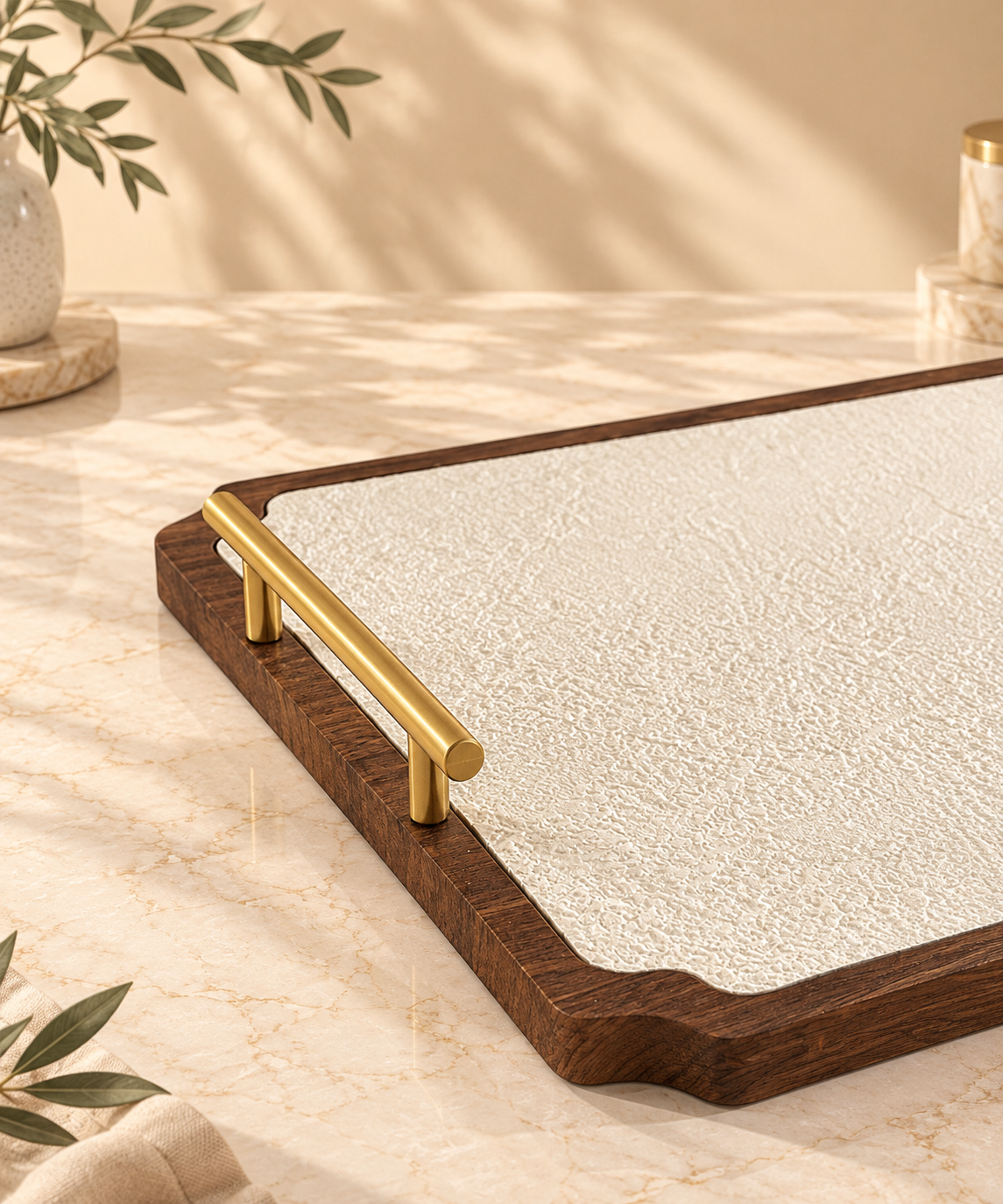 Set de 2 Plateaux Rectangulaires en Bois & Effet Texturé avec Poignées Dorées – Image 4